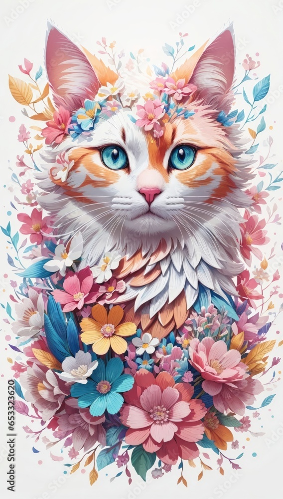 Fototapeta A Detailed Illustration Of A Colourful Cat, Fantasy Flowers Splash, Vintage T-shirt Design, Light White And Pink Pastel Tetradic Colors,  Fantasy Art, Watercolor Effect, Bokeh, Digital Painting.