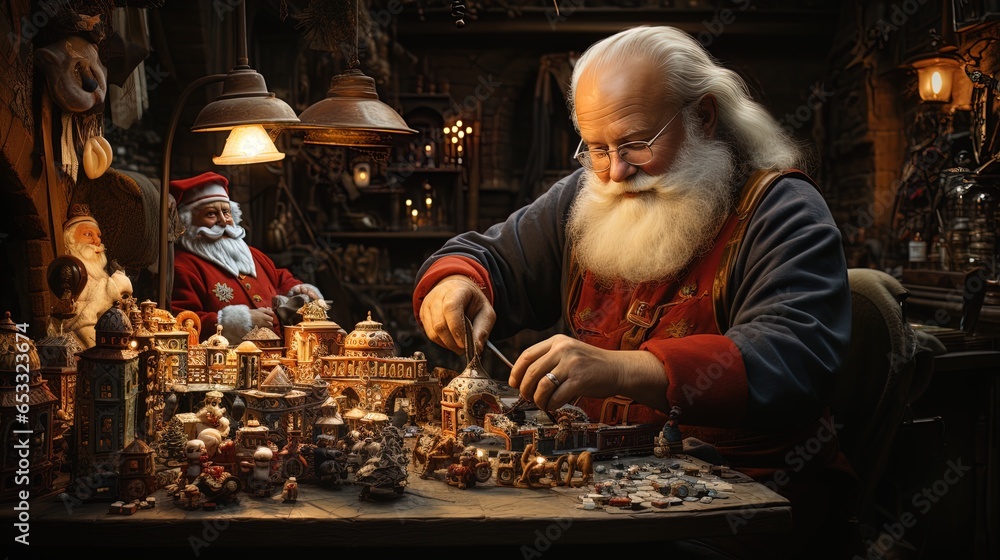 Santa Claus in His Toy Workshop Preparing for Christmas Eve Deliveries on his Reindeer Sleigh in 8K created with generative ai technology