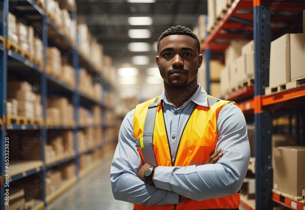 Worker in a warehouse, African man in high visibility vest, arms crossed confident look, blurred shelves stacks background Worker in a warehouse, African man in high visibility vest, arms crossed confident look, blurred shelves stacks background