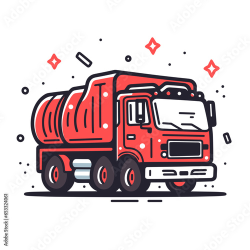 Trash compactor truck vector icon in minimalistic, black and red line work, japan web