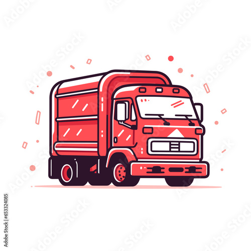 Trash compactor truck vector icon in minimalistic, black and red line work, japan web