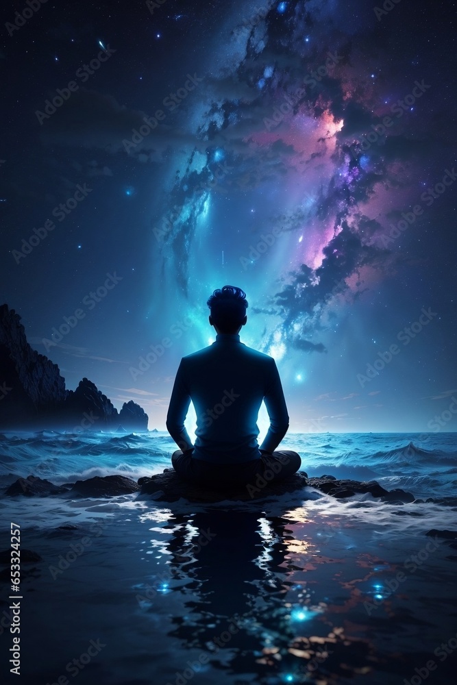 In this serene image, a meditating man's silhouette gazes upon a bioluminescent sea, connecting with the cosmos through the power of the mind and the third eye In this serene image, a meditating man's silhouette gazes upon a bioluminescent sea, connecting with the cosmos through the power of the mind and the third eye