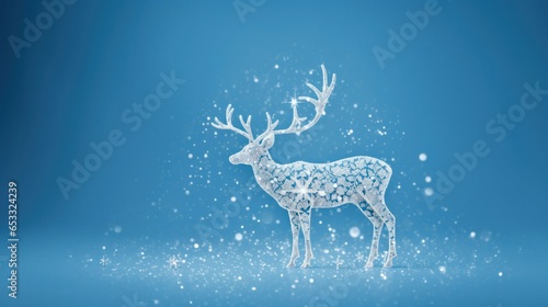 Christmas crystal shiny Reindeer with white snowflakes on blue bokeh winter glitter background. Xmas magic Reindeer background, greeting card, banner.