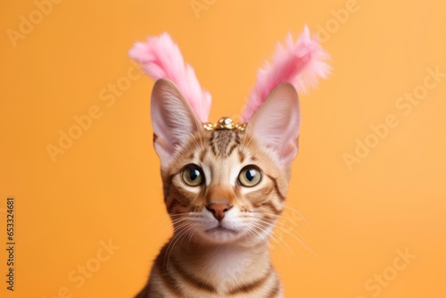 ocicat cat wearing a rabbit ears headband against a peachy pink background photo