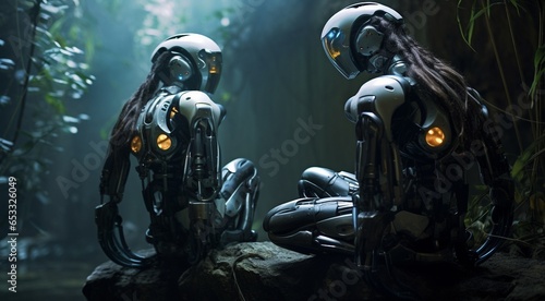 romantic AI robots  couple of AI robots  bionic robot couploe  humanoid robots talking together