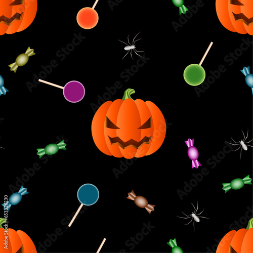 Patrón de Halloween con la calabaza terrorífica, piruletas, caramelos y arañas sobre fondo negro