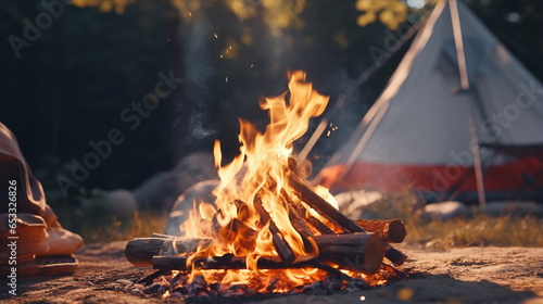 camping and campfire in a park full of nature with generative ai