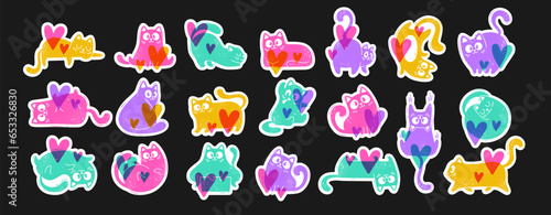 Bright cute funny characters with hearts. A big set of risoprint style stickers with cats. Vector illustration Isolated on a black background.