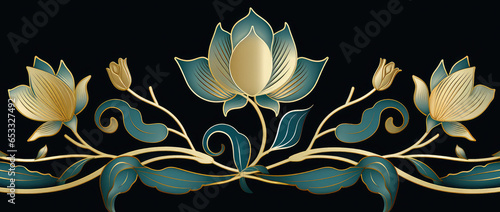 lots of lotus and other green flowers with blue background