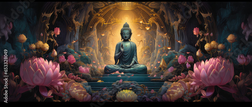 golden buddha and lots of pink lotus and other green flowers with blue background photo