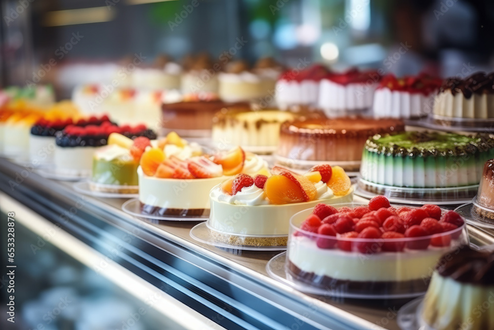 Variety of desserts with colorful decorations in a grocery store