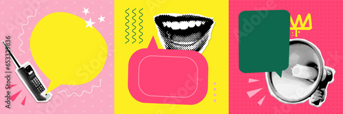 90s vintage style Collage banners set with halftone elements for message with loudspeaker, old cell phone and mouth with speech bubbles. Dotted realistic stickers with simple vivid shapes. Vector 