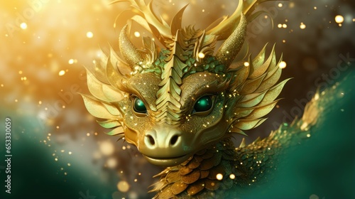 2024 is year of the Wood Dragon background, web banner. 2024 Chinese New Year. Symbol of 2024 new year green and golden Dragon on green bokeh background