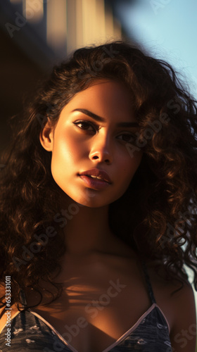 Portrait of Stunning Young Latino Woman with Black Hair Captured in Golden Hour and Natural Light  High-Quality Beauty Photography