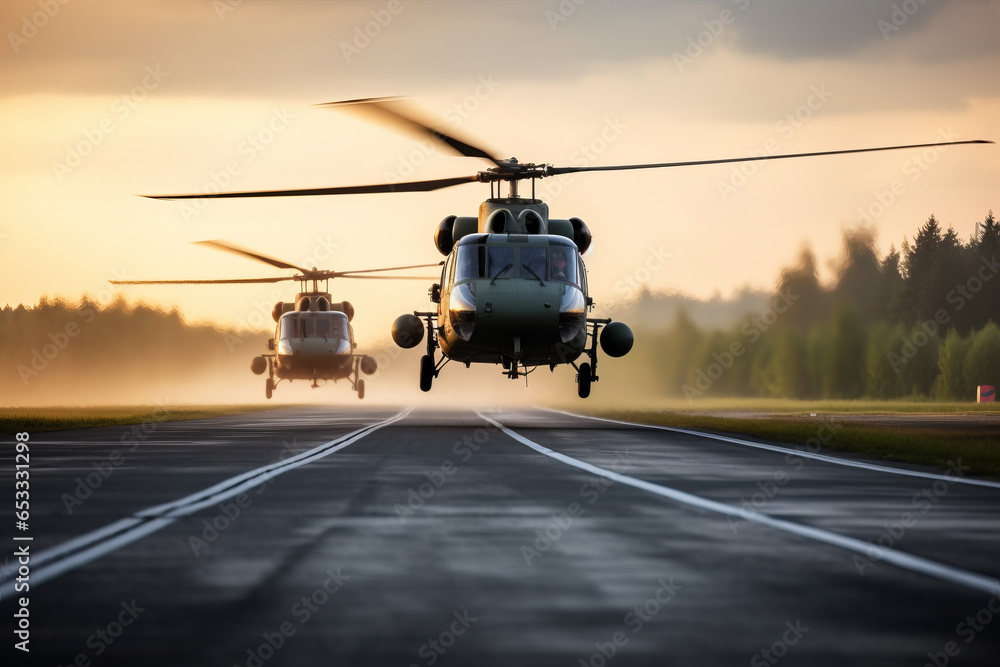 Two helicopters landing on a runway - obrazy, fototapety, plakaty 