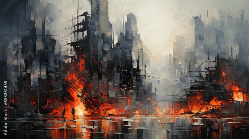 war destroyed city fire illustration destroy background, red explosion, danger apocalypse war destroyed city fire