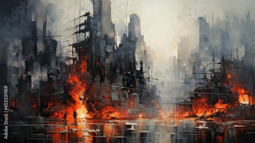 war destroyed city fire illustration destroy background  red explosion  danger apocalypse war destroyed city fire