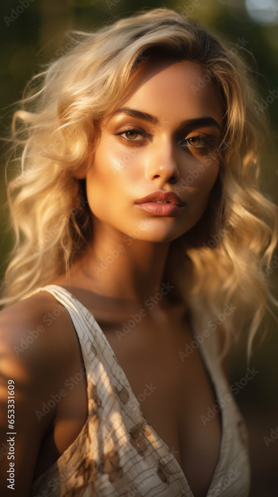 Naklejka premium Portrait of Stunning Young Indian Woman with Blond Hair Captured in Golden Hour and Natural Light, High-Quality Beauty Photography