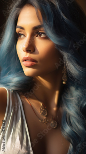 Portrait of Stunning Young Latino Woman with Blue Hair Captured in Golden Hour and Natural Light, High-Quality Beauty Photography