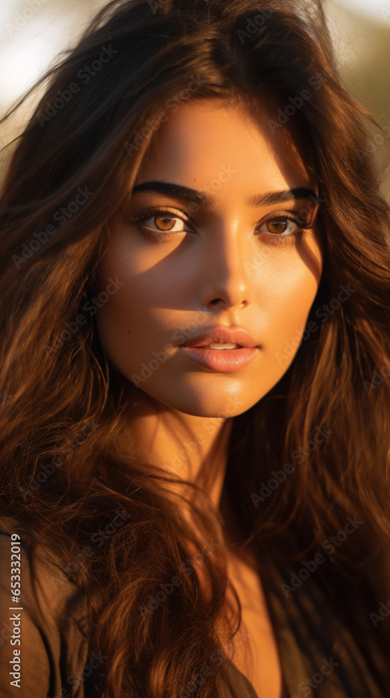 Portrait of Stunning Young Latino Woman with Brown Hair Captured in Golden Hour and Natural Light, High-Quality Beauty Photography Portrait of Stunning Young Latino Woman with Brown Hair Captured in Golden Hour and Natural Light, High-Quality Beauty Photography