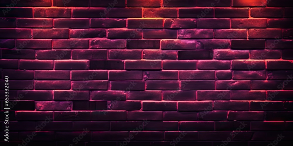 Urban elegance. Neon lit brick wall texture. Grunge glow. Retro brickwork background. Nightclub chic in purple hues. Industrial impressions. Bright concrete and stone texture - obrazy, fototapety, plakaty 