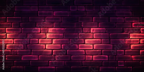 Urban elegance. Neon lit brick wall texture. Grunge glow. Retro brickwork background. Nightclub chic in purple hues. Industrial impressions. Bright concrete and stone texture