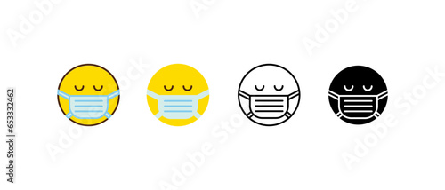 Sick emoticon with medical or surgical mask for online chat in comment reaction. Round face with medical mask cartoon bubble emoticons icon. Vector illusration. Design