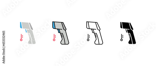 Contactless infrared thermometer for body temperature. Medical digital non-contact thermometer with colored warning symbols. Gun thermometer icon Vector illustration. Design