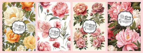 Background Vector illustrations Peonies, plants, leaves and flowers. Beautiful realistic flowers for background, pattern or wedding invitations, fashion. photo