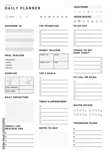 Digital Daily Planner Template Sheet, Minimal and Simple Daily Planner Template.