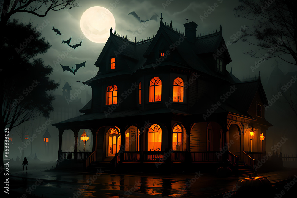 Halloween Night at the dark Haunted Mansion with Bats and Moonlight. Illustration style. Generative AI