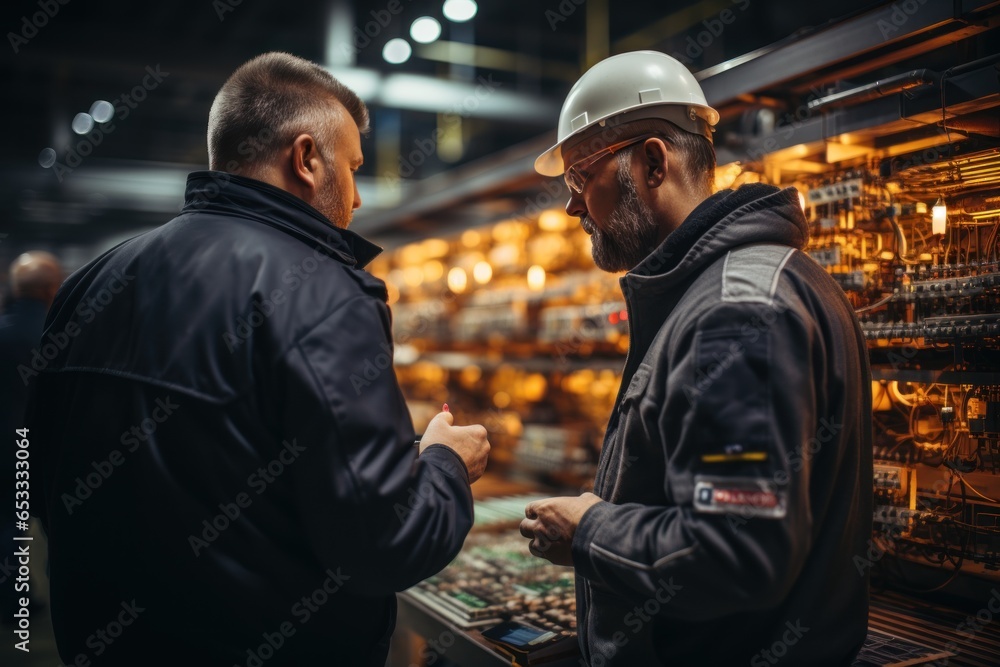Two electrical engineers working at a power station Male engineer looks at electrical circuits and planning for high voltage power production. Two electrical engineers working at a power station Male engineer looks at electrical circuits and planning for high voltage power production.