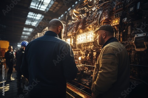 Two electrical engineers working at a power station Male engineer looks at electrical circuits and planning for high voltage power production.