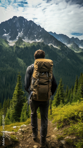 Lonely traveler man with bagpack in mountains landscape background. Hiker traveling outdoor alone. Sport, tourism and hiking concept.. photo