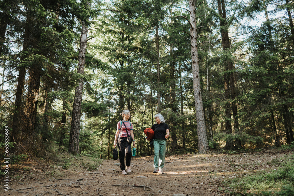 Two senior women hiking in forest Two senior women hiking in forest