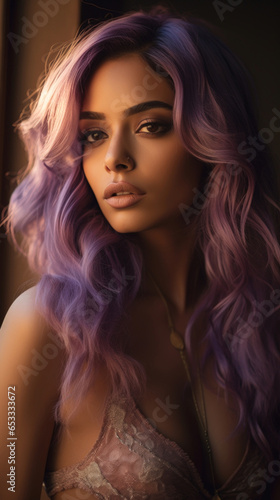 Portrait of Stunning Young idian Woman with Purple Hair Captured in Golden Hour and Natural Light, High-Quality Beauty Photography