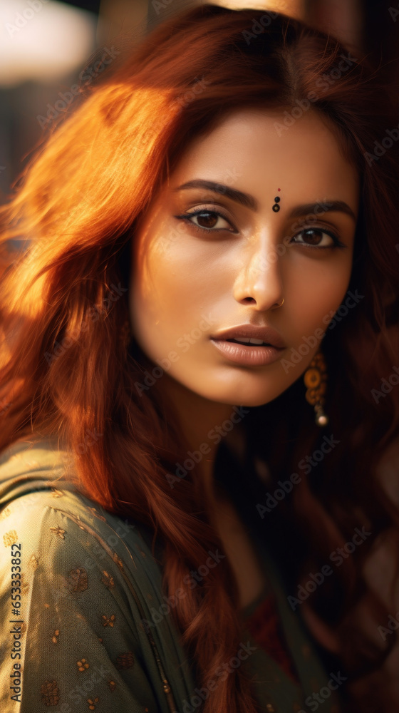 Portrait of Stunning Young Inian Woman with Red Hair Captured in Golden Hour and Natural Light, High-Quality Beauty Photography
