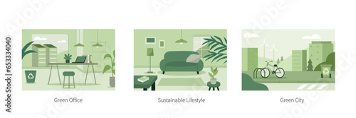 Sustainability concept illustration. Modern futuristic green city street, sustainable office and home interior. Vector illustrations set.