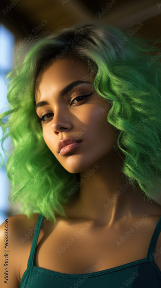 Fototapeta premium Portrait of Stunning Young Latino Woman with Green Hair Captured in Golden Hour and Natural Light, High-Quality Beauty Photography