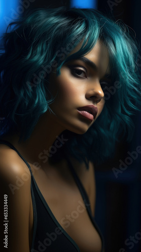 Portrait of Stunning Young Latino Woman with Blue Hair Captured in Golden Hour and Natural Light, High-Quality Beauty Photography