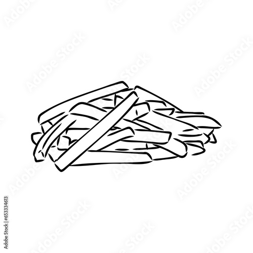 French fries flying to paper box. Sketch style hand drawn illustration. Fried potato. Fast food retro artwork. Vector image Isolated on white.