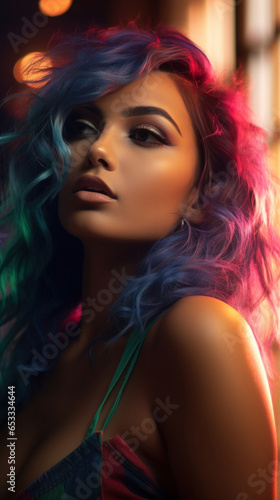 Portrait of Stunning Young Latino Woman with Colorfull Hair Captured in Golden Hour and Natural Light, High-Quality Beauty Photography