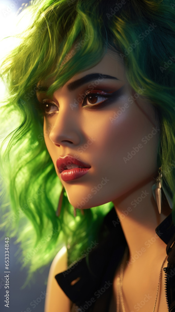 Portrait of Stunning Young Latino Woman with Green Hair Captured in Golden Hour and Natural Light, High-Quality Beauty Photography Portrait of Stunning Young Latino Woman with Green Hair Captured in Golden Hour and Natural Light, High-Quality Beauty Photography