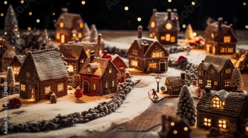 Cozy Christmas greeting card. Little tiny toy christmas gingerbread village landscape on white snow. Christmas night gingerbread houses on snowy winter light background