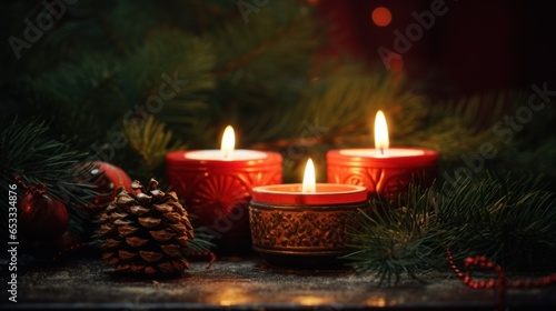 Christmas red candles and lights composition rustic style. Christmas candle decoration with natural wooden elements, berries, green fir spruce branches, cinnamon