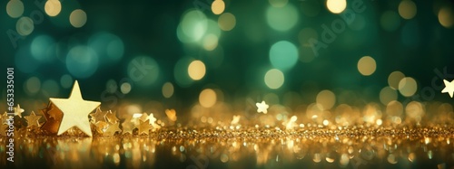 Leinwand Poster New years Christmas gold green star background web banner with copy space