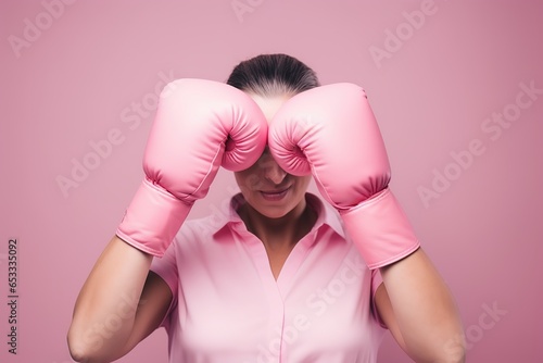 Beautiful woman with pink ribbon and boxing gloves