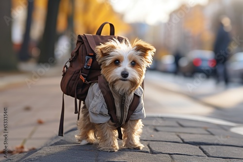 Traveler dog with a backpack on his back photo