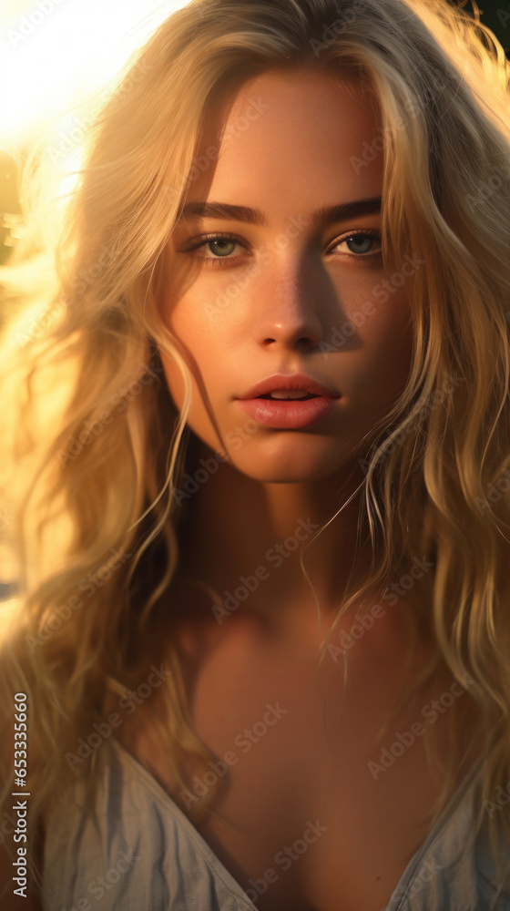 Naklejka premium Portrait of Stunning Young Woman with Blond Hair Captured in Golden Hour and Natural Light, High-Quality Beauty Photography