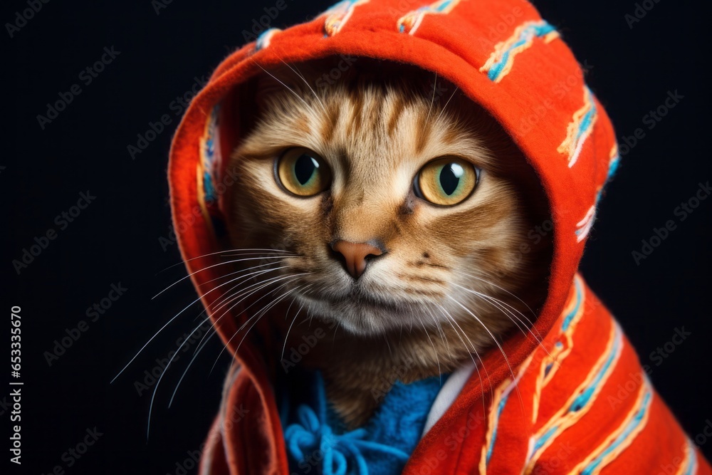 javanese cat wearing a lobster outfit against a navy blue background javanese cat wearing a lobster outfit against a navy blue background